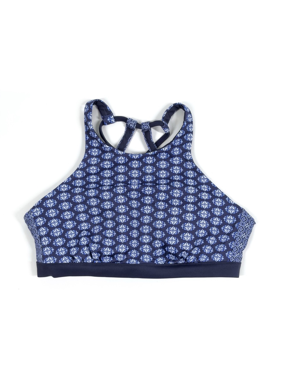 Athleta Aqualuxe Tangier Bikini Swim Top Size 36 B/C Blue Tile Print High Neck
